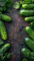 Cucumbers Surrounded by Leaves and Water Droplets photo