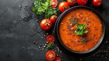 Bowl of Tomato Soup Surrounded by Fresh Vegetables photo