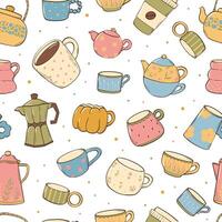 Cups, mugs, teapots, kettles seamless pattern with doodles for kitchen textile prints, towels and tablecloth, wrapping paper, packaging, wallpaper, etc. EPS 10 vector