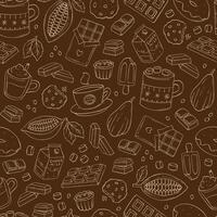 cocoa and chocolate doodles seamless pattern on brown background. good for wallpapers, textile prints, scrapbooking, wrapping paper, etc. EPS 10 vector