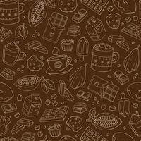 cacao y chocolate garabatos sin costura modelo en marrón antecedentes. bueno para fondos de pantalla, textil huellas dactilares, álbum de recortes, envase papel, etc. eps 10 vector