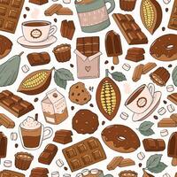 chocolate y cacao sin costura modelo con garabatos y dibujos animados elementos para fondo de pantalla, envase papel, álbum de recortes, batería de cocina, textil huellas dactilares, etc. eps 10 vector