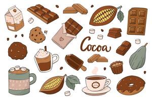 cocoa and chocolate hand drawn doodles collection, isolated cartoon elements for prints, posters, stickers, product packaging, etc. EPS 10 vector