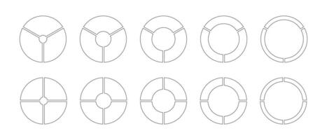 Wheels round divided, three, four sections. Outline donut charts, pies segmented on 3, 4 equal parts. Diagrams infographic set. Circle section graph. Pie chart simple icons. Geometric graphic elements vector