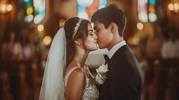 novia y novio besos en Iglesia foto