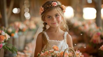 joven niña en Boda vestir participación cesta de flores foto