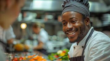 Smiling Woman Wearing Chefs Hat in Kitchen photo