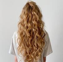 Woman With Long Curly Hair Standing in Front of White Wall photo