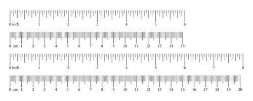 Set of scale with 15, 20 centimeter, 6, 8 inches with markup and numbers. Measuring charts of metric, imperial units. Collection of distance, height, length measurement tool templates. Sewing tool. vector