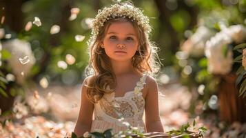 joven niña en Boda vestir participación cesta de flores foto