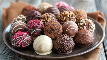 Plate Full of Chocolates on Wooden Table photo