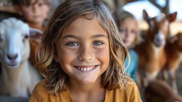 Young Girl Smiling Next to Herd of Sheep photo