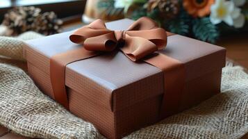 Brown Box With Bow on Table photo