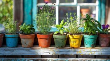 Row of Potted Plants on Wooden Table photo