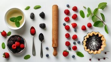 Wooden Rolling Pin Surrounded by Berries, Eggs, and Ingredients photo