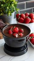 Bowl of Chocolate Pudding With Strawberries photo