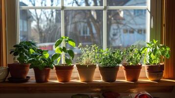 Row of Potted Plants on Wooden Table photo