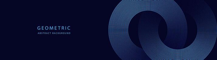 Abstract Modern glowing geometric lines horizontal banner on dark blue background. Shiny blue circle lines pattern. Futuristic concept. Suitable for cover, brochure, presentation, flyer, web vector