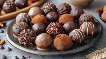 Plate Full of Chocolates on Wooden Table photo