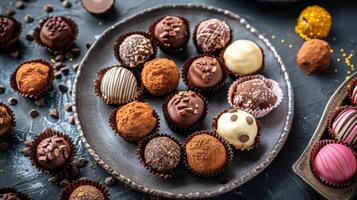 Plate Full of Chocolates on Wooden Table photo