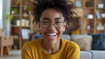 Smiling Woman With Glasses in Living Room photo