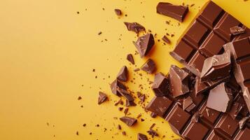 Broken Chocolate Bar on Yellow Background photo