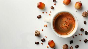 A Cup of Coffee Surrounded by Scattered Nuts photo
