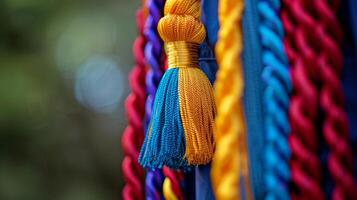 Colorful Yarns Hanging on a Wall photo