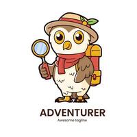 Owl mascot logo, A small owl with a travel hat and a tiny backpack. The owl can have a magnifying glass vector