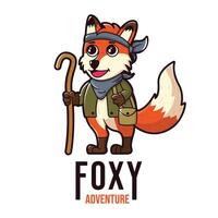 Mascot fox logo adventure, A sly fox with a bandana around its neck and a walking stick. The fox can have a small satchel vector