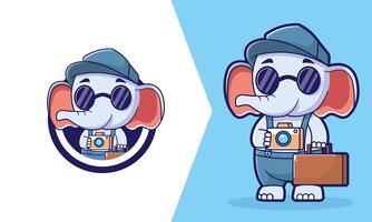 Elephant mascot logo, cute, small elephant with a tiny suitcase and a camera hanging around its neck. The elephant can be wearing a sunhat and sunglasses vector