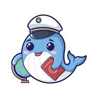 ballena mascota logo, un pequeño, adorable ballena con un marinero sombrero, participación un minúsculo globo en uno aleta y un pasaporte en el otro vector