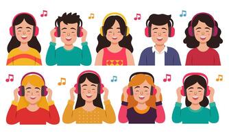 Man and woman wearing headphones is smiling and enjoying the music. vector