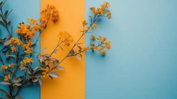 amarillo flores floreciente en un azul y amarillo antecedentes foto