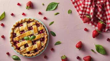 Pie and Bowl of Strawberries on Table photo