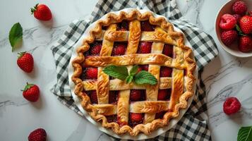 Pie and Bowl of Strawberries on Table photo