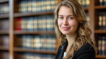 mujer en pie en frente de estante para libros foto