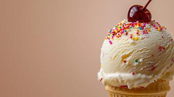 Scoop of Ice Cream With Sprinkles and Cherry on Top photo