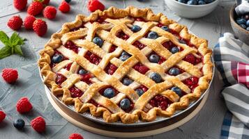 Pie and Bowl of Strawberries on Table photo