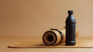 Bottle of Water Next to Two Rolled Up Yoga Mats photo