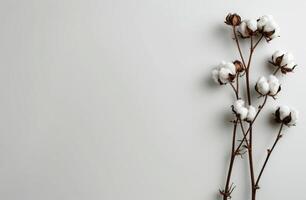 algodón planta con blanco flores en gris antecedentes foto