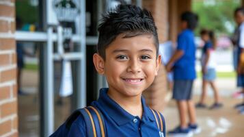 Young Boy Standing in Front of Building photo