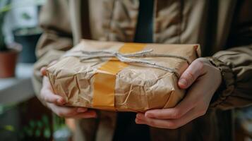 Person Holding Wrapped Present in Brown Paper photo