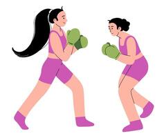 Female boxing athlete color illustration. Two professional boxers fighting on ring. Strong fighters in gloves sparring. Character for sports standings, web, mascot, school. flat illustration. vector