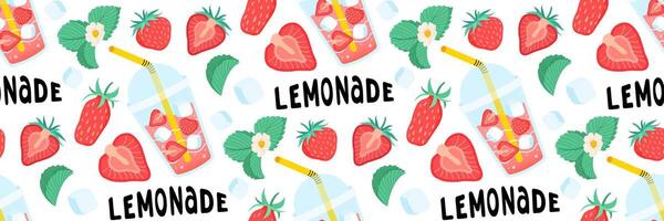 Fresh strawberries lemonade seamless pattern. Bright summer background for restaurants, cafe menus. Take away summer drink with lettering. Berries, leaves, ice, drinks. flat illustration. vector