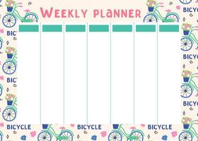 Weekly summer planner with Bicycle. Planning of summer sports, entertainment. Background for notes with bike. Cute school planner is for 7 days. Kids schedule design template. flat illustration vector