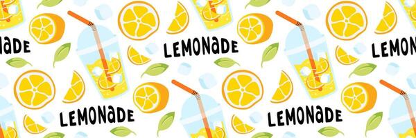 Fresh lemons lemonade seamless pattern. Bright summer background for restaurants, cafe menus. Take away summer drink with lettering. Berries, leaves, ice. Food and drinks. flat illustration. vector