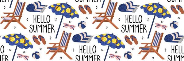 Hola verano modelo. playa fiesta elementos. antecedentes con cama solar, paraguas, toalla y garabatear elementos. tropical vacaciones. para textil, embalaje, fondo de pantalla, álbum de recortes ilustración. vector