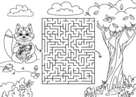 Children's maze coloring book. Cheerful fox and tree in forest outline illustration. Erudition Games and Puzzles for children. Simple drawing of an forest Wild Animals. outline illustration. vector