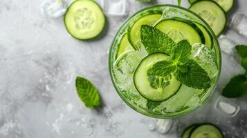 Glass Filled With Cucumber Slices and Mint Leaves photo